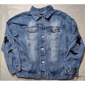 LOVE TREE Women Large Blue Design Denim Trucker Jean Jacket